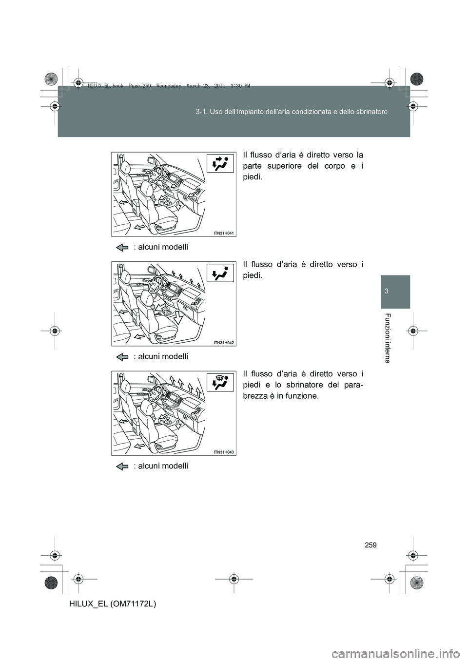TOYOTA HILUX 2011 Manuale duso (in Italian) 259
3-1. Uso dell’impianto dell’aria condizionata e dello sbrinatore
3
Funzioni interne
HILUX_EL (OM71172L)
Il flusso d’aria è diretto verso la
parte superiore del corpo e i
piedi.
: alcuni mod TOYOTA HILUX 2011 Manuale duso (in Italian) 259
3-1. Uso dell’impianto dell’aria condizionata e dello sbrinatore
3
Funzioni interne
HILUX_EL (OM71172L)
Il flusso d’aria è diretto verso la
parte superiore del corpo e i
piedi.
: alcuni mod