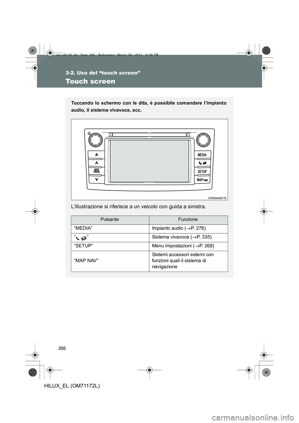 TOYOTA HILUX 2011 Manuale duso (in Italian) 266
HILUX_EL (OM71172L)
3-2. Uso del “touch screen”
Touch screen
Toccando lo schermo con le dita, è possibile comandare l’impianto
audio, il sistema vivavoce, ecc.
L’illustrazione si riferisc TOYOTA HILUX 2011 Manuale duso (in Italian) 266
HILUX_EL (OM71172L)
3-2. Uso del “touch screen”
Touch screen
Toccando lo schermo con le dita, è possibile comandare l’impianto
audio, il sistema vivavoce, ecc.
L’illustrazione si riferisc