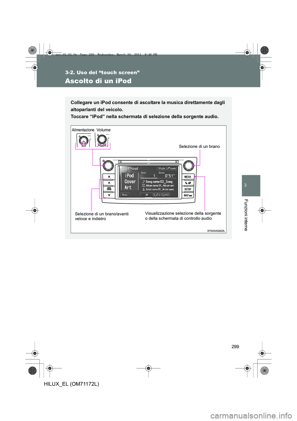 TOYOTA HILUX 2011  Manuale duso (in Italian) 299
3-2. Uso del “touch screen”
3
Funzioni interne
HILUX_EL (OM71172L)
Ascolto di un iPod
Collegare un iPod consente di ascoltare la musica direttamente dagli
altoparlanti del veicolo. 
Toccare 