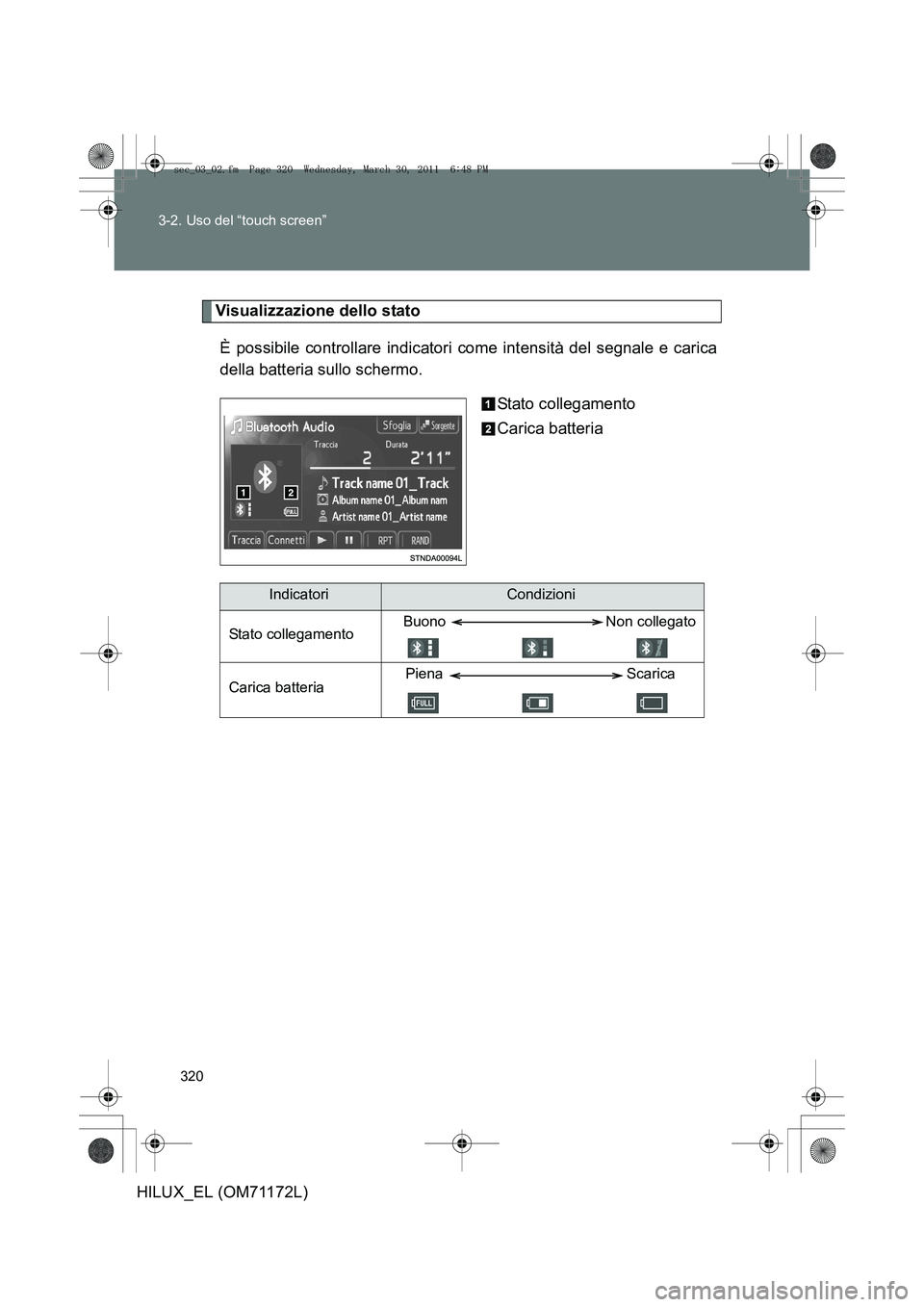 TOYOTA HILUX 2011  Manuale duso (in Italian) 320
3-2. Uso del “touch screen”
HILUX_EL (OM71172L)
Visualizzazione dello stato
È possibile controllare indicatori come intensità del segnale e carica
della batteria sullo schermo. Stato collega