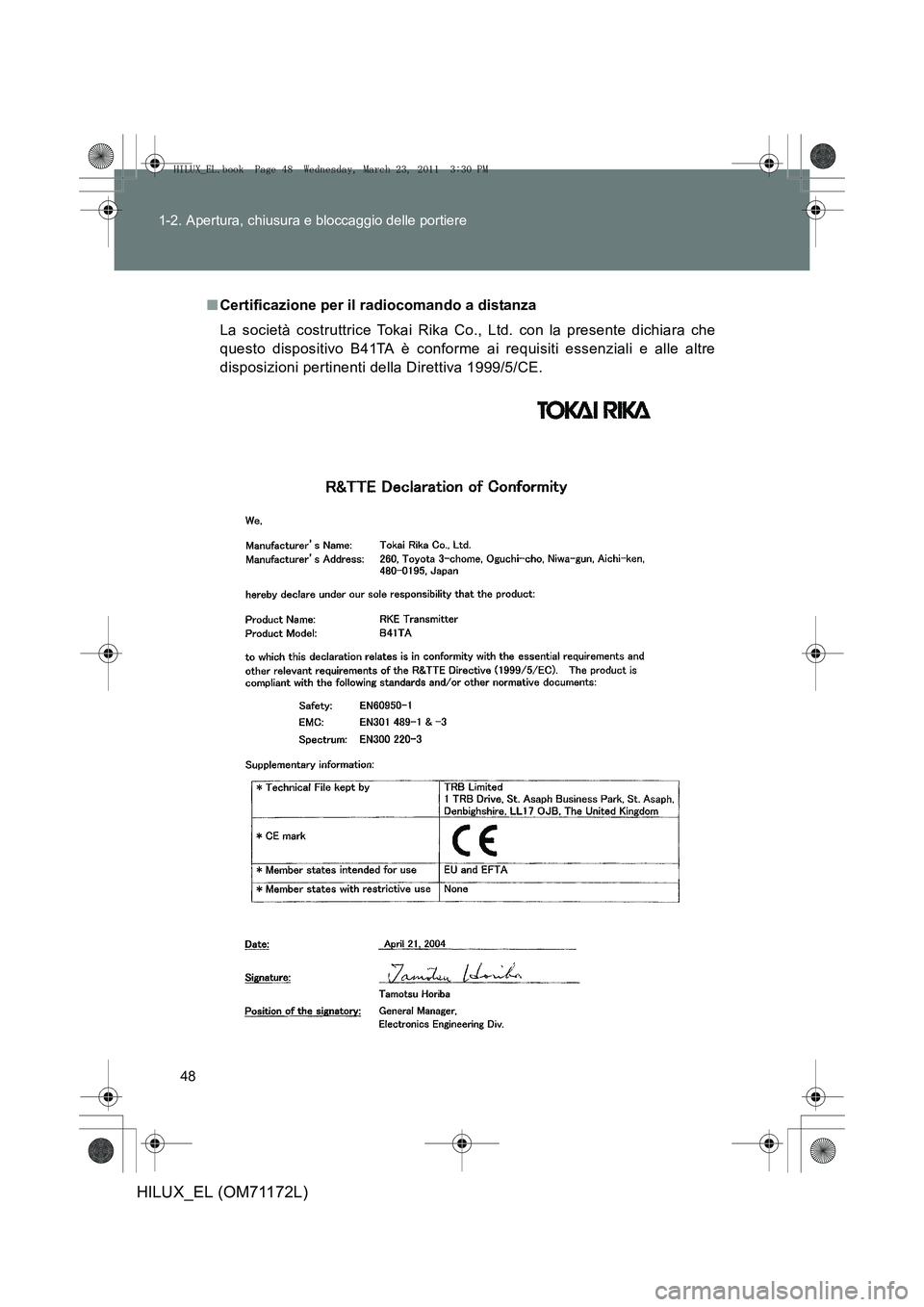 TOYOTA HILUX 2011 Manuale duso (in Italian) 48
1-2. Apertura, chiusura e bloccaggio delle portiere
HILUX_EL (OM71172L)
■
Certificazione per il radiocomando a distanza
La società costruttrice Tokai Rika Co., Ltd. con la presente dichiara che
TOYOTA HILUX 2011 Manuale duso (in Italian) 48
1-2. Apertura, chiusura e bloccaggio delle portiere
HILUX_EL (OM71172L)
■
Certificazione per il radiocomando a distanza
La società costruttrice Tokai Rika Co., Ltd. con la presente dichiara che