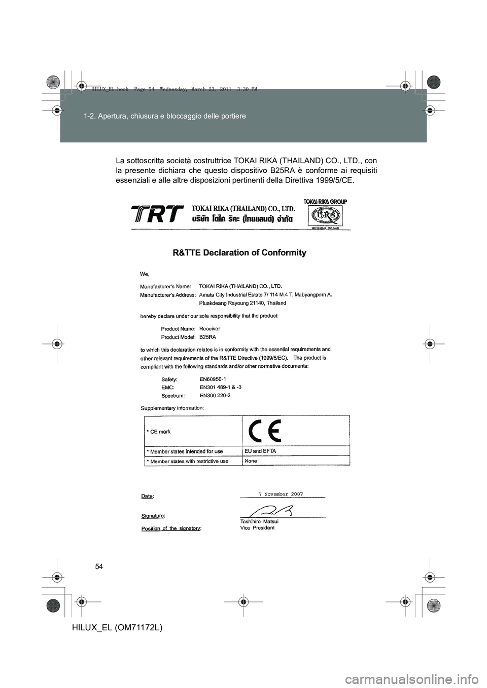 TOYOTA HILUX 2011  Manuale duso (in Italian) 54
1-2. Apertura, chiusura e bloccaggio delle portiere
HILUX_EL (OM71172L)
La sottoscritta società costruttrice TOKAI RIKA (THAILAND) CO., LTD., con
la presente dichiara che questo dispositivo B25RA 