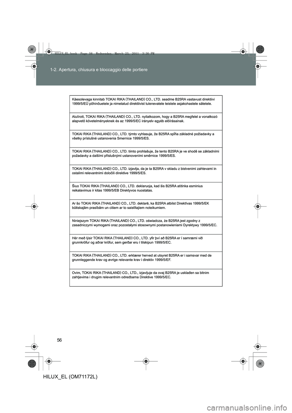 TOYOTA HILUX 2011  Manuale duso (in Italian) 56
1-2. Apertura, chiusura e bloccaggio delle portiere
HILUX_EL (OM71172L)
HILUX_EL.book  Page 56  Wednesday, March 23, 2011  3:30 PM 