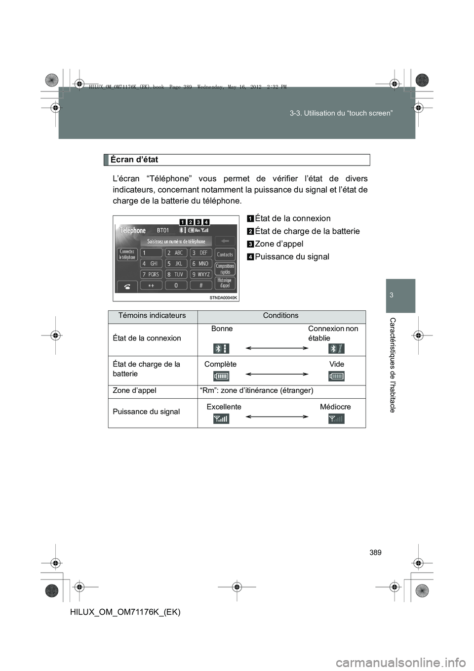 TOYOTA HILUX 2013 Notices Demploi (in French) 389
3-3. Utilisation du “touch screen”
3
Caractéristiques de l’habitacle
HILUX_OM_OM71176K_(EK)
É
cran d’état
L’écran “Téléphone” vous permet de vérifier l’état de divers
indic TOYOTA HILUX 2013 Notices Demploi (in French) 389
3-3. Utilisation du “touch screen”
3
Caractéristiques de l’habitacle
HILUX_OM_OM71176K_(EK)
É
cran d’état
L’écran “Téléphone” vous permet de vérifier l’état de divers
indic
