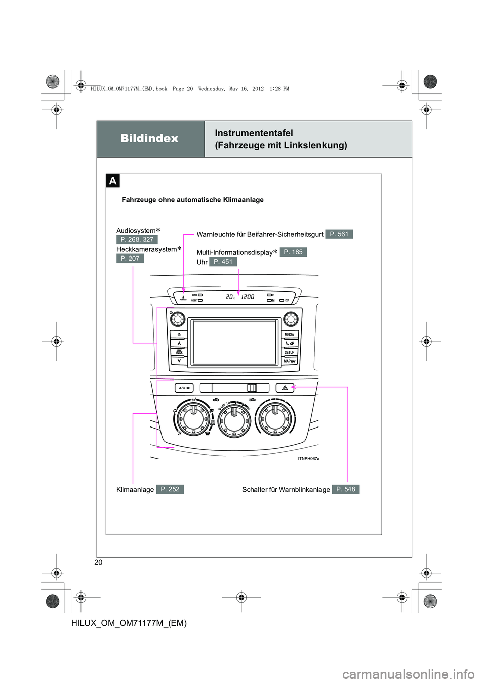 TOYOTA HILUX 2013  Betriebsanleitungen (in German) 20
HILUX_OM_OM71177M_(EM)
A
BildindexInstrumententafel 
(Fahrzeuge mit Linkslenkung)
Fahrzeuge ohne automatische KlimaanlageSchalter für Warnblinkanlage 
P. 548Klimaanlage P. 252
Warnleuchte für Bei