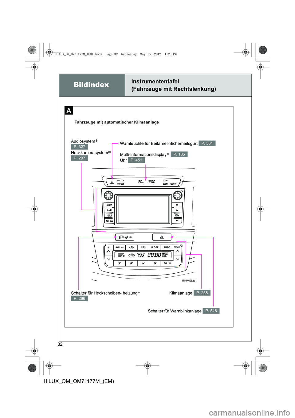 TOYOTA HILUX 2013  Betriebsanleitungen (in German) 32
HILUX_OM_OM71177M_(EM)
A
Fahrzeuge mit automatischer Klimaanlage
BildindexInstrumententafel 
(Fahrzeuge mit Rechtslenkung)
Klimaanlage P. 258Schalter für Heckscheiben- heizung∗ 
P. 266
Warnleuch
