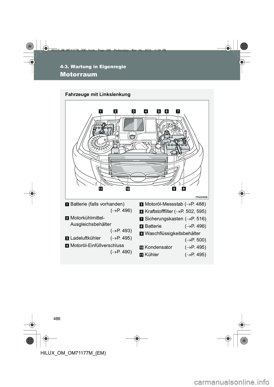 TOYOTA HILUX 2013 Betriebsanleitungen (in German) 486
4-3. Wartung in Eigenregie
HILUX_OM_OM71177M_(EM)
Motorraum
Fahrzeuge mit Linkslenkung
Batterie (falls vorhanden) (→ P. 496)
Motorkühlmittel-
Ausgleichsbehälter (→ P. 493)
Ladeluftkühler TOYOTA HILUX 2013 Betriebsanleitungen (in German) 486
4-3. Wartung in Eigenregie
HILUX_OM_OM71177M_(EM)
Motorraum
Fahrzeuge mit Linkslenkung
Batterie (falls vorhanden) (→ P. 496)
Motorkühlmittel-
Ausgleichsbehälter (→ P. 493)
Ladeluftkühler