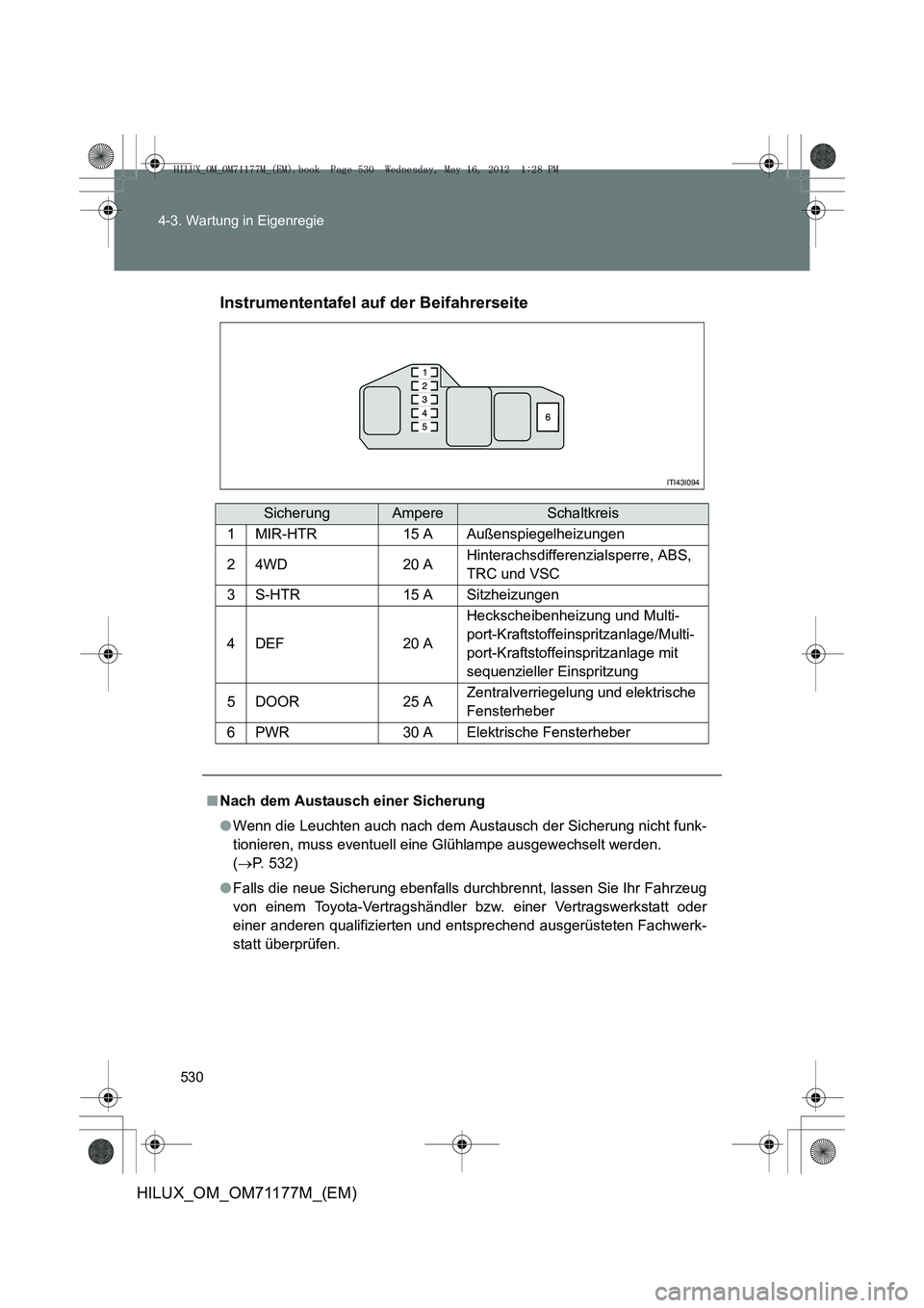 TOYOTA HILUX 2013 Betriebsanleitungen (in German) 530
4-3. Wartung in Eigenregie
HILUX_OM_OM71177M_(EM)
Instrumententafel auf der Beifahrerseite
SicherungAmpereSchaltkreis
1MIR-HTR15 AAußenspiegelheizungen
24WD20 AHinterachsdifferenzialsperre, ABS, TOYOTA HILUX 2013 Betriebsanleitungen (in German) 530
4-3. Wartung in Eigenregie
HILUX_OM_OM71177M_(EM)
Instrumententafel auf der Beifahrerseite
SicherungAmpereSchaltkreis
1MIR-HTR15 AAußenspiegelheizungen
24WD20 AHinterachsdifferenzialsperre, ABS,