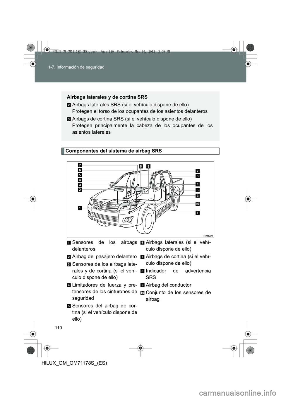 TOYOTA HILUX 2013  Manuale de Empleo (in Spanish) 110
1-7. Información de seguridad
HILUX_OM_OM71178S_(ES)
Componentes del sistema de airbag SRS
Sensores de los airbags
delanteros
Airbag del pasajero delantero
Sensores de los airbags late-
rales y d