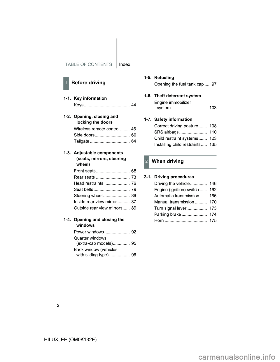 TOYOTA HILUX 2012  Owners Manual (in English) TABLE OF CONTENTSIndex
2
HILUX_EE (OM0K132E)
1-1. Key information
Keys ......................................  44
1-2. Opening, closing and 
locking the doors
Wireless remote control ........  46
Side