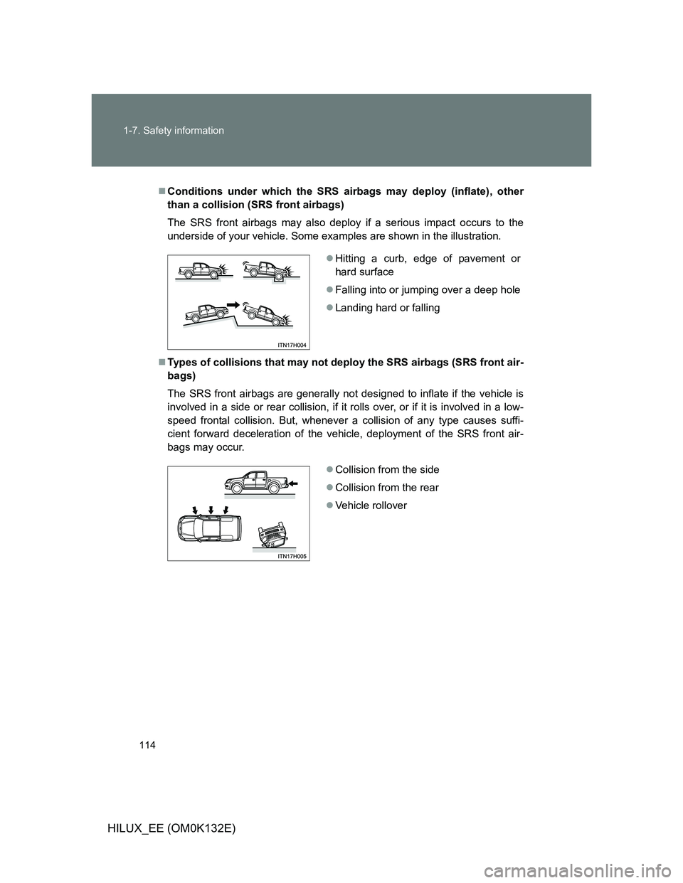TOYOTA HILUX 2012 Owners Manual (in English) 114 1-7. Safety information
HILUX_EE (OM0K132E)
Conditions under which the SRS airbags may deploy (inflate), other
than a collision (SRS front airbags)
The SRS front airbags may also deploy if a se TOYOTA HILUX 2012 Owners Manual (in English) 114 1-7. Safety information
HILUX_EE (OM0K132E)
Conditions under which the SRS airbags may deploy (inflate), other
than a collision (SRS front airbags)
The SRS front airbags may also deploy if a se