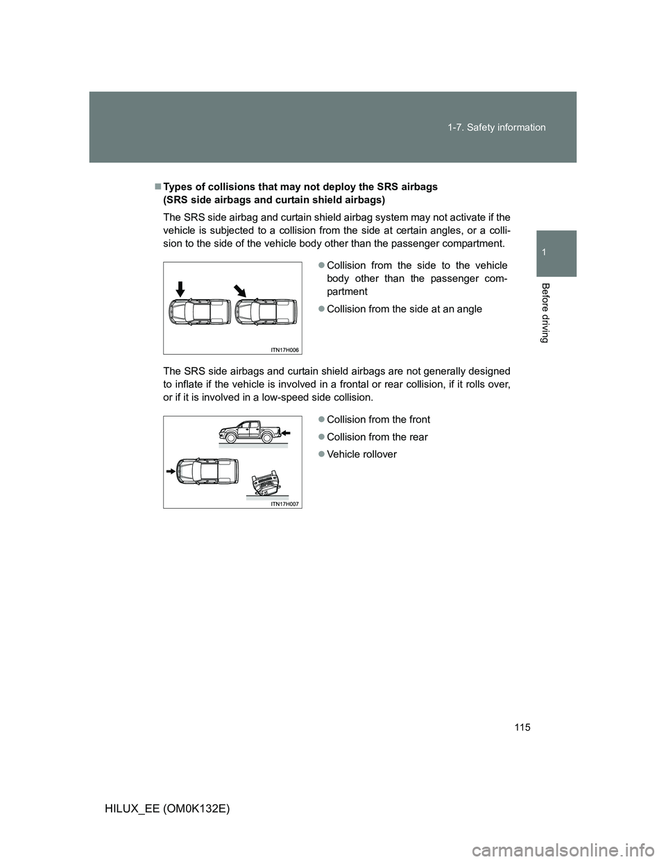 TOYOTA HILUX 2012 Owners Manual (in English) 115 1-7. Safety information
1
Before driving
HILUX_EE (OM0K132E)
Types of collisions that may not deploy the SRS airbags
(SRS side airbags and curtain shield airbags)
The SRS side airbag and curta TOYOTA HILUX 2012 Owners Manual (in English) 115 1-7. Safety information
1
Before driving
HILUX_EE (OM0K132E)
Types of collisions that may not deploy the SRS airbags
(SRS side airbags and curtain shield airbags)
The SRS side airbag and curta