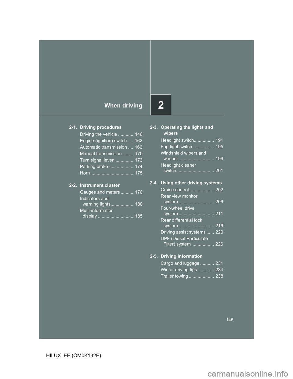 TOYOTA HILUX 2012 Owners Manual (in English) 2When driving
145
HILUX_EE (OM0K132E)
2-1. Driving procedures
Driving the vehicle ............ 146
Engine (ignition) switch..... 162
Automatic transmission .... 166
Manual transmission......... 17 TOYOTA HILUX 2012 Owners Manual (in English) 2When driving
145
HILUX_EE (OM0K132E)
2-1. Driving procedures
Driving the vehicle ............ 146
Engine (ignition) switch..... 162
Automatic transmission .... 166
Manual transmission......... 17