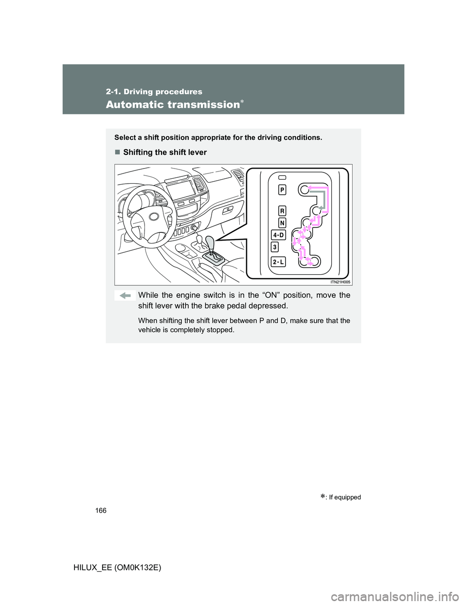 TOYOTA HILUX 2012  Owners Manual (in English) 166
2-1. Driving procedures
HILUX_EE (OM0K132E)
Automatic transmission
: If equipped
Select a shift position appropriate for the driving conditions.
Shifting the shift lever
While the engine 
