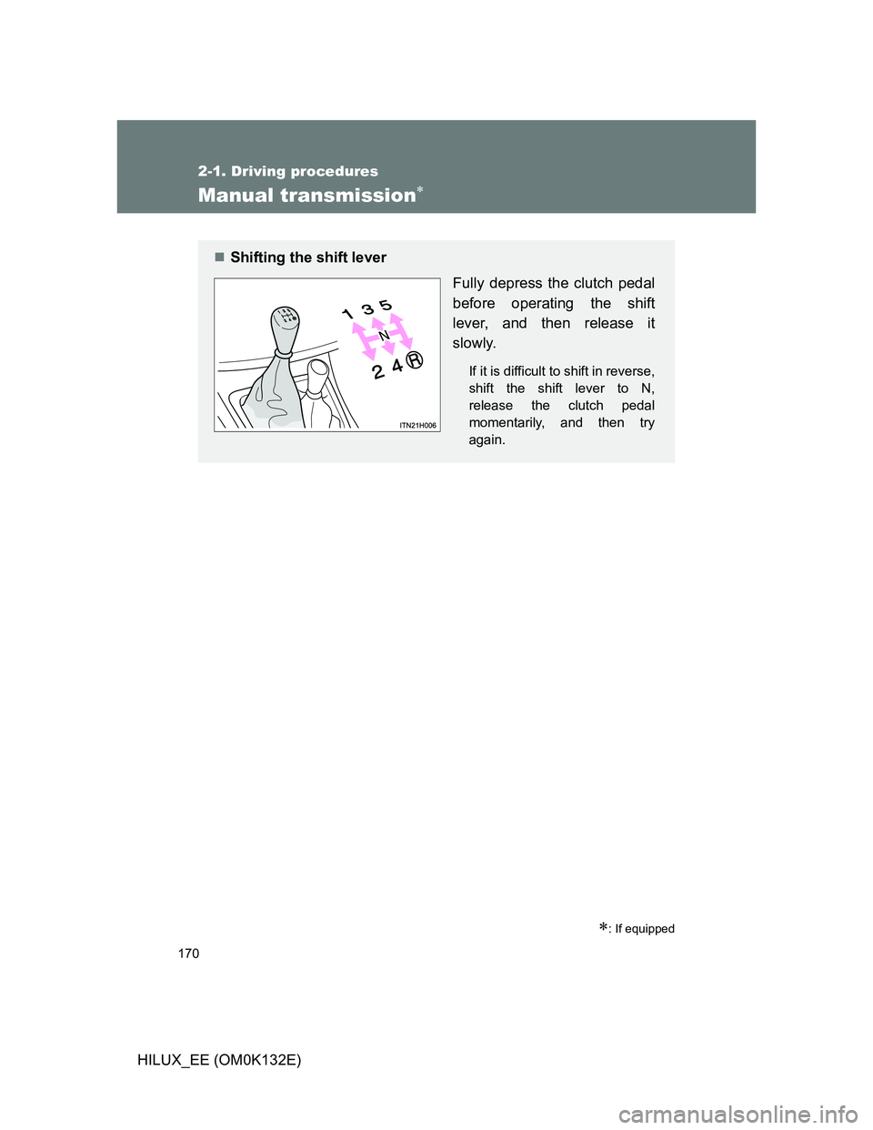 TOYOTA HILUX 2012  Owners Manual (in English) 170
2-1. Driving procedures
HILUX_EE (OM0K132E)
Manual transmission
: If equipped
Shifting the shift lever
Fully depress the clutch pedal
before operating the shift
lever, and then release it