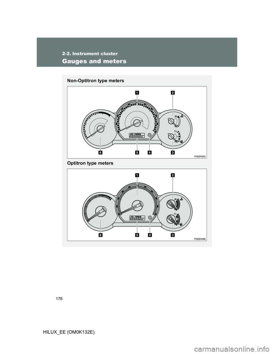 TOYOTA HILUX 2012  Owners Manual (in English) 176
HILUX_EE (OM0K132E)
2-2. Instrument cluster
Gauges and meters
Non-Optitron type meters
Optitron type meters 