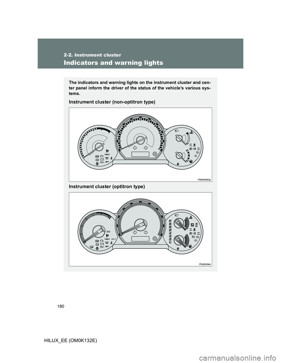 TOYOTA HILUX 2012  Owners Manual (in English) 180
2-2. Instrument cluster
HILUX_EE (OM0K132E)
Indicators and warning lights
The indicators and warning lights on the instrument cluster and cen-
ter panel inform the driver of the status of the vehi