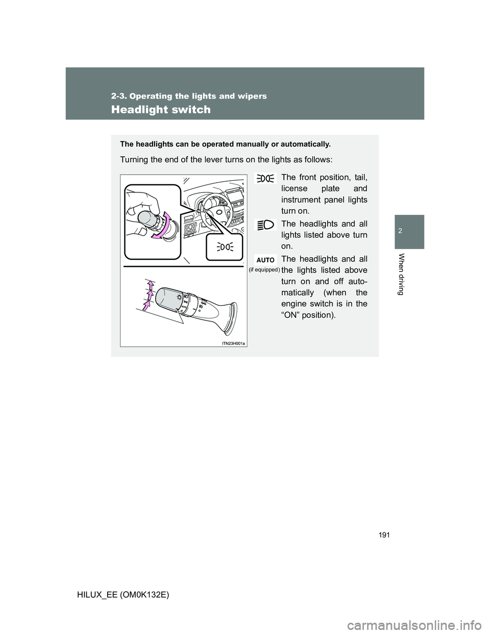 TOYOTA HILUX 2012  Owners Manual (in English) 191
2
When driving
HILUX_EE (OM0K132E)
2-3. Operating the lights and wipers
Headlight switch
The headlights can be operated manually or automatically.
Turning the end of the lever turns on the lights 