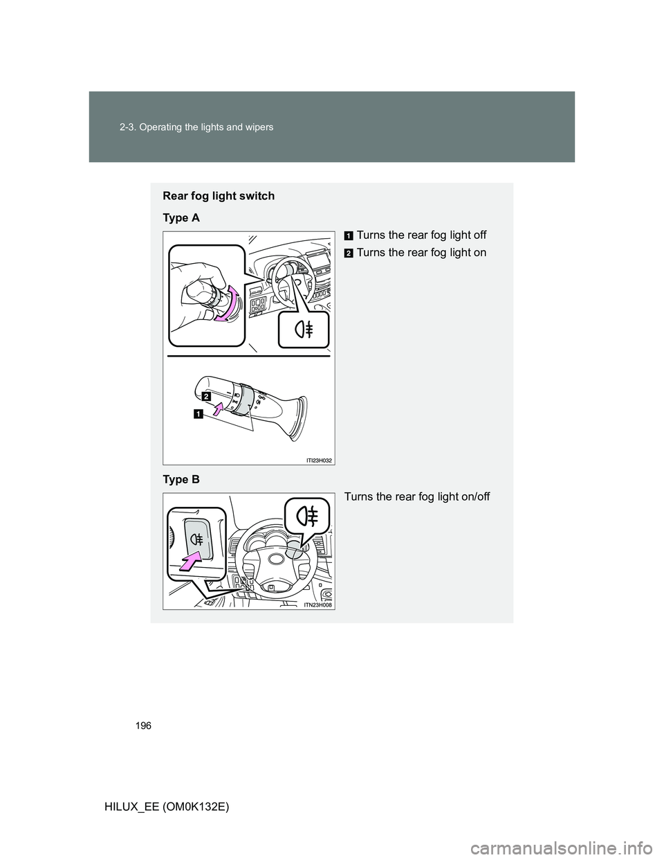 TOYOTA HILUX 2012  Owners Manual (in English) 196 2-3. Operating the lights and wipers
HILUX_EE (OM0K132E)
Rear fog light switch
Ty p e  A
Turns the rear fog light off
Turns the rear fog light on
Ty p e  B
Turns the rear fog light on/off 