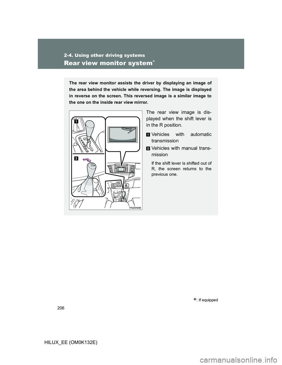 TOYOTA HILUX 2012  Owners Manual (in English) 206
2-4. Using other driving systems
HILUX_EE (OM0K132E)
Rear view monitor system
: If equipped
The rear view monitor assists the driver by displaying an image of
the area behind the vehicle whi