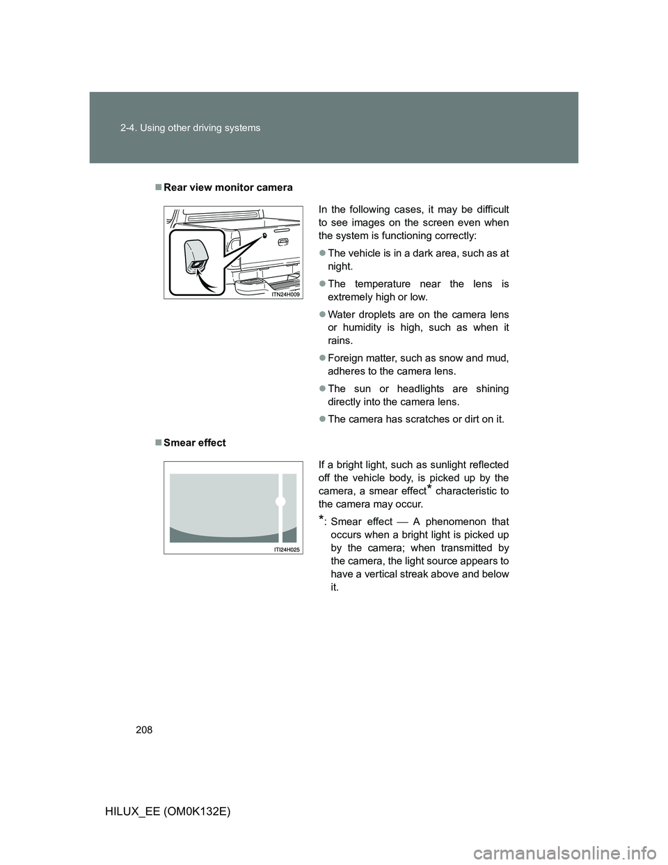 TOYOTA HILUX 2012  Owners Manual (in English) 208 2-4. Using other driving systems
HILUX_EE (OM0K132E)
Rear view monitor camera
Smear effect
In the following cases, it may be difficult
to see images on the screen even when
the system is fun