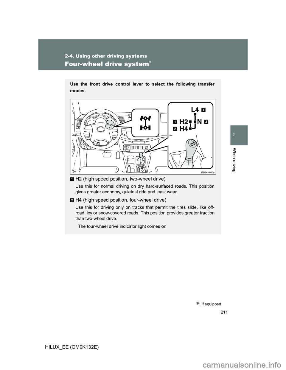 TOYOTA HILUX 2012 Owners Manual (in English) 211
2-4. Using other driving systems
2
When driving
HILUX_EE (OM0K132E)
Four-wheel drive system
: If equipped
Use the front drive control lever to select the following transfer
modes.
H2 (high s TOYOTA HILUX 2012 Owners Manual (in English) 211
2-4. Using other driving systems
2
When driving
HILUX_EE (OM0K132E)
Four-wheel drive system
: If equipped
Use the front drive control lever to select the following transfer
modes.
H2 (high s