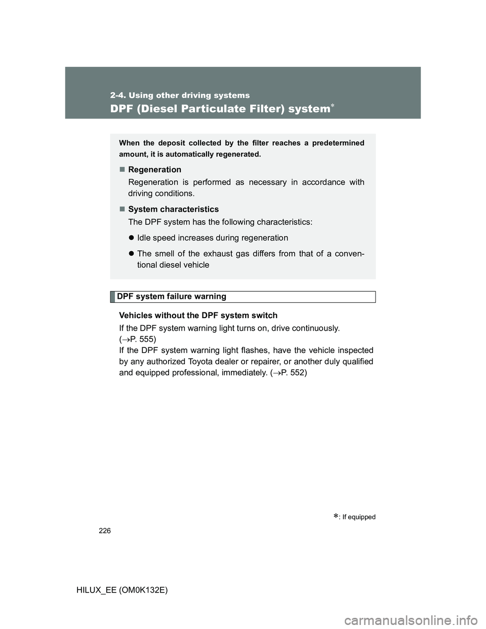 TOYOTA HILUX 2012 Owners Manual (in English) 226
2-4. Using other driving systems
HILUX_EE (OM0K132E)
DPF (Diesel Particulate Filter) system
DPF system failure warning
Vehicles without the DPF system switch
If the DPF system warning light tur TOYOTA HILUX 2012 Owners Manual (in English) 226
2-4. Using other driving systems
HILUX_EE (OM0K132E)
DPF (Diesel Particulate Filter) system
DPF system failure warning
Vehicles without the DPF system switch
If the DPF system warning light tur