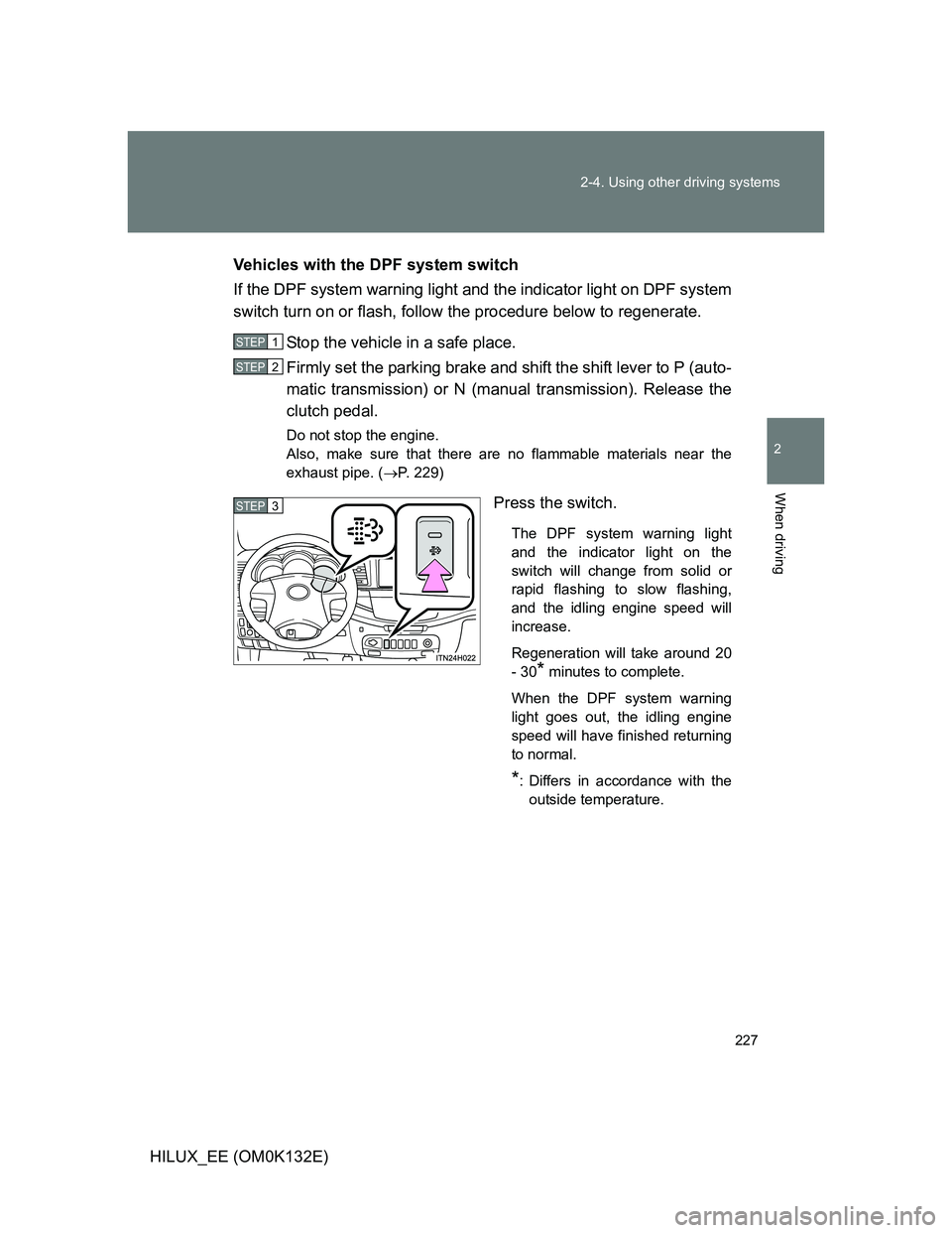TOYOTA HILUX 2012 Owners Manual (in English) 227 2-4. Using other driving systems
2
When driving
HILUX_EE (OM0K132E)Vehicles with the DPF system switch
If the DPF system warning light and the indicator light on DPF system
switch turn on or flash TOYOTA HILUX 2012 Owners Manual (in English) 227 2-4. Using other driving systems
2
When driving
HILUX_EE (OM0K132E)Vehicles with the DPF system switch
If the DPF system warning light and the indicator light on DPF system
switch turn on or flash