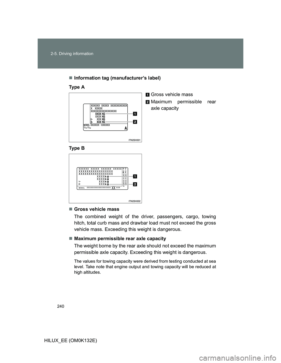 TOYOTA HILUX 2012 Owners Manual (in English) 240 2-5. Driving information
HILUX_EE (OM0K132E)Information tag (manufacturer’s label)
Ty p e A
Gross vehicle mass
Maximum permissible rear
axle capacity
Ty p e B
Gross vehicle mass
The comb TOYOTA HILUX 2012 Owners Manual (in English) 240 2-5. Driving information
HILUX_EE (OM0K132E)Information tag (manufacturer’s label)
Ty p e A
Gross vehicle mass
Maximum permissible rear
axle capacity
Ty p e B
Gross vehicle mass
The comb