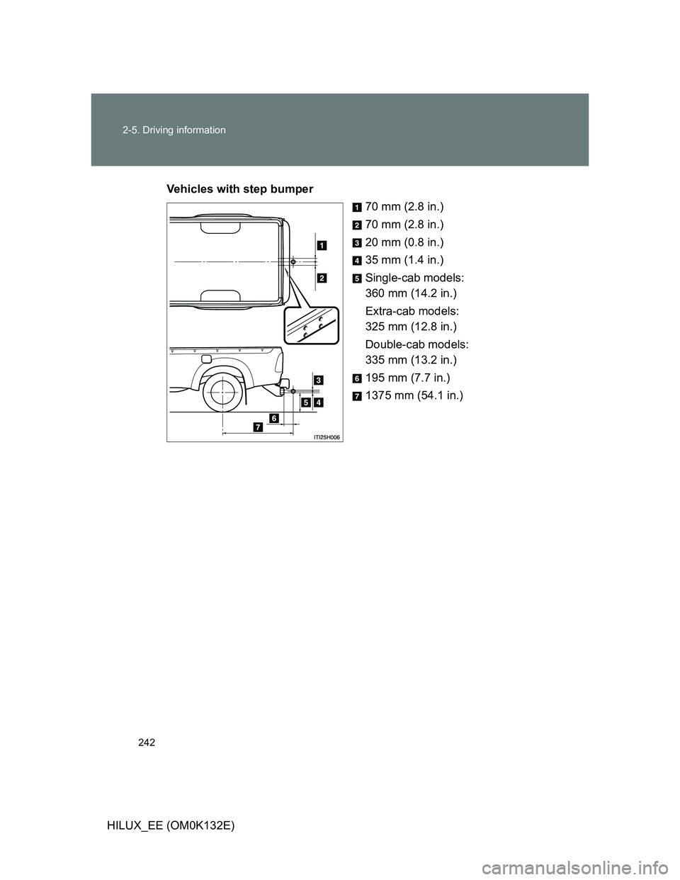 TOYOTA HILUX 2012 Owners Manual (in English) 242 2-5. Driving information
HILUX_EE (OM0K132E)Vehicles with step bumper
70 mm (2.8 in.)
70 mm (2.8 in.)
20 mm (0.8 in.)
35 mm (1.4 in.)
Single-cab models:
360 mm (14.2 in.)
Extra-cab models:
325 m TOYOTA HILUX 2012 Owners Manual (in English) 242 2-5. Driving information
HILUX_EE (OM0K132E)Vehicles with step bumper
70 mm (2.8 in.)
70 mm (2.8 in.)
20 mm (0.8 in.)
35 mm (1.4 in.)
Single-cab models:
360 mm (14.2 in.)
Extra-cab models:
325 m
