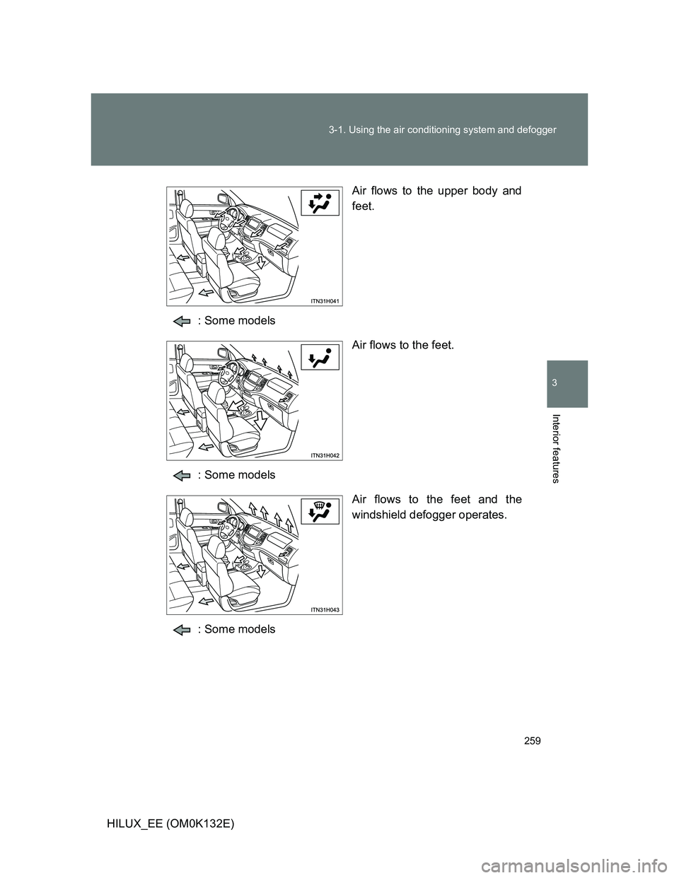 TOYOTA HILUX 2012  Owners Manual (in English) 259 3-1. Using the air conditioning system and defogger
3
Interior features
HILUX_EE (OM0K132E)Air flows to the upper body and
feet.
: Some models
Air flows to the feet.
: Some models
Air flows to the