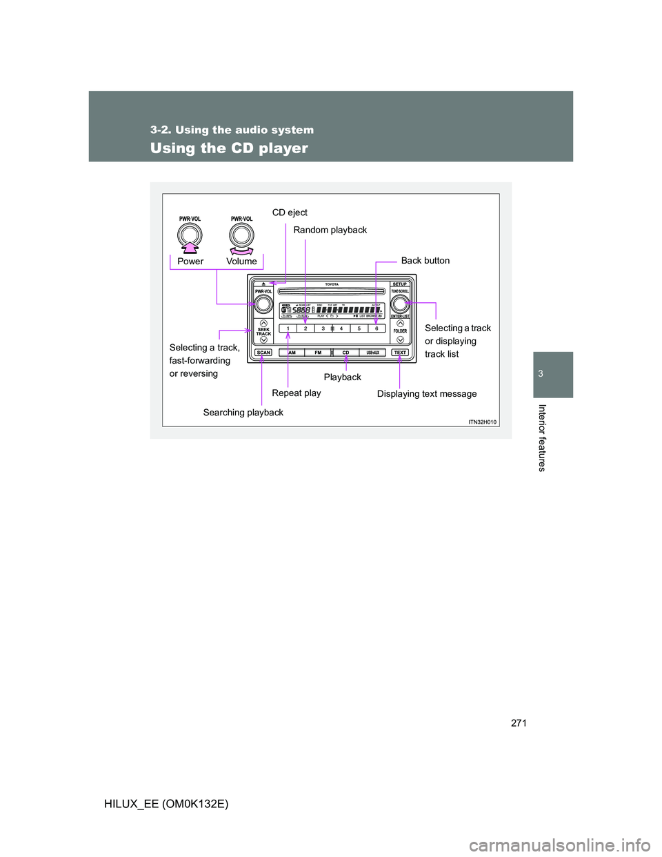 TOYOTA HILUX 2012  Owners Manual (in English) 271
3-2. Using the audio system
3
Interior features
HILUX_EE (OM0K132E)
Using the CD player
Displaying text message Selecting a track, 
fast-forwarding 
or reversing
Playback
Searching playback
CD eje