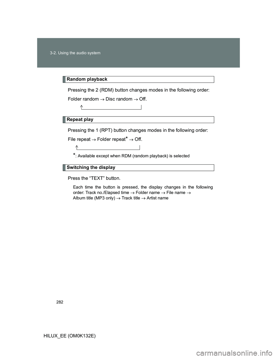 TOYOTA HILUX 2012 Owners Manual (in English) 282 3-2. Using the audio system
HILUX_EE (OM0K132E)
Random playback
Pressing the 2 (RDM) button changes modes in the following order:
Folder random
Disc random Off.
Repeat play
Pressing the 1 TOYOTA HILUX 2012 Owners Manual (in English) 282 3-2. Using the audio system
HILUX_EE (OM0K132E)
Random playback
Pressing the 2 (RDM) button changes modes in the following order:
Folder random
Disc random Off.
Repeat play
Pressing the 1