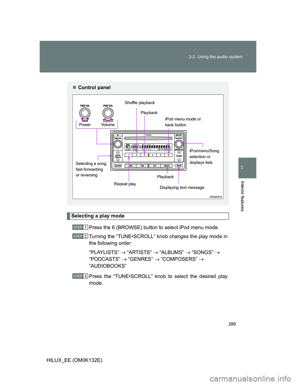 TOYOTA HILUX 2012 Owners Manual (in English) 289 3-2. Using the audio system
3
Interior features
HILUX_EE (OM0K132E)
Selecting a play mode
Press the 6 (BROWSE) button to select iPod menu mode.
Turning the “TUNE•SCROLL” knob changes the pla TOYOTA HILUX 2012 Owners Manual (in English) 289 3-2. Using the audio system
3
Interior features
HILUX_EE (OM0K132E)
Selecting a play mode
Press the 6 (BROWSE) button to select iPod menu mode.
Turning the “TUNE•SCROLL” knob changes the pla