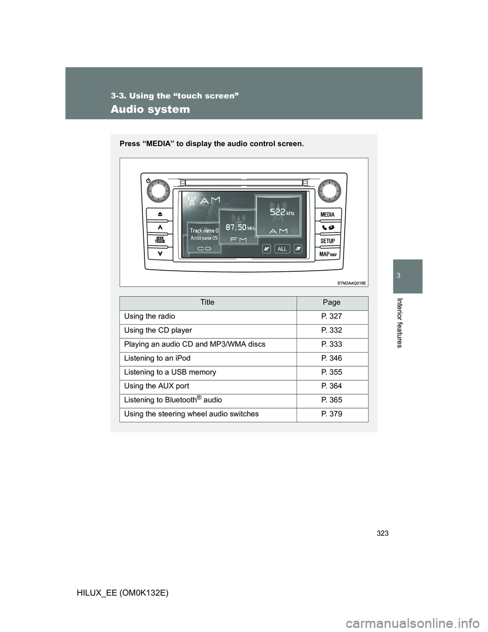 TOYOTA HILUX 2012  Owners Manual (in English) 323
3-3. Using the “touch screen”
3
Interior features
HILUX_EE (OM0K132E)
Audio system
Press “MEDIA” to display the audio control screen.
TitlePage
Using the radioP. 327
Using the CD playerP. 