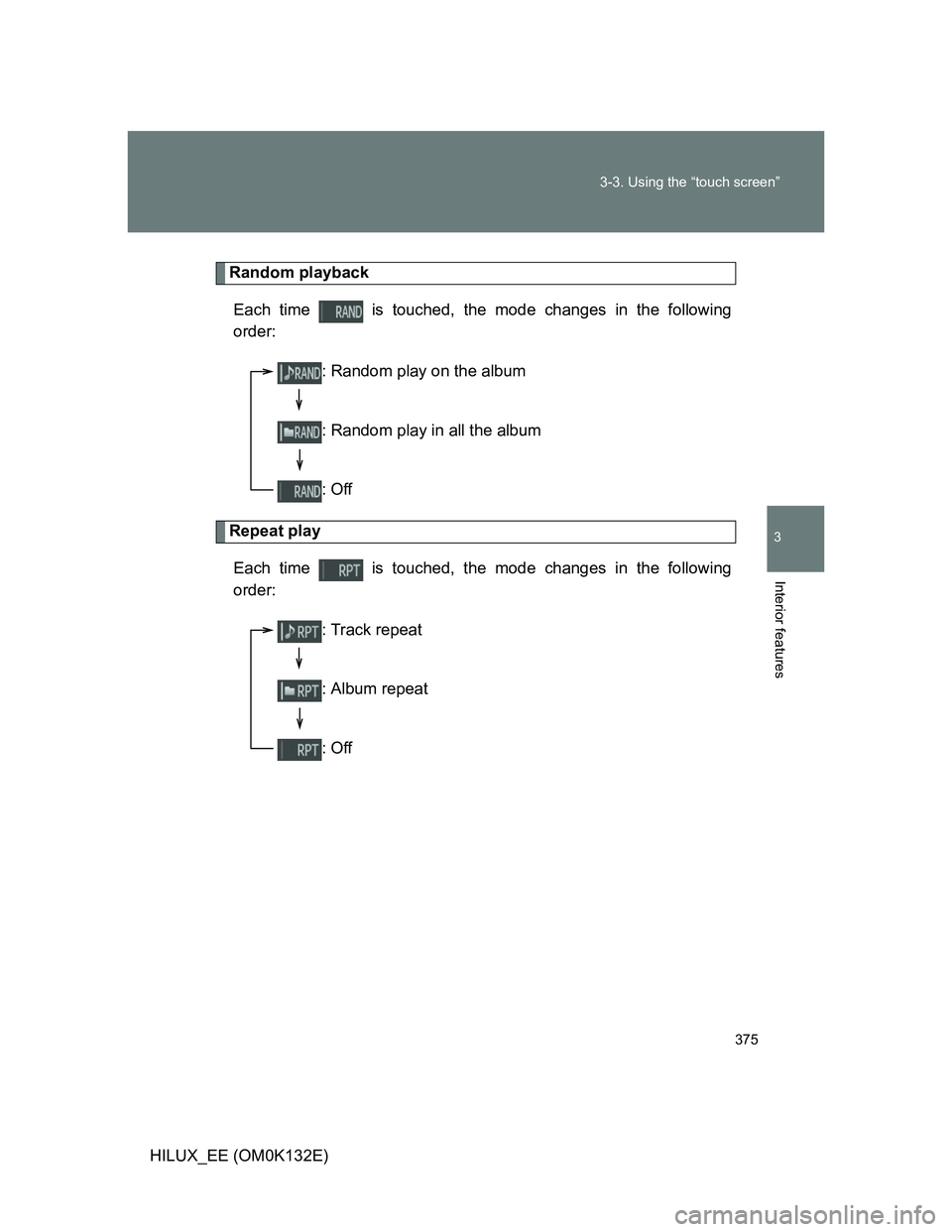 TOYOTA HILUX 2012  Owners Manual (in English) 375 3-3. Using the “touch screen”
3
Interior features
HILUX_EE (OM0K132E)
Random playback
Each time   is touched, the mode changes in the following
order:
Repeat play
Each time   is touched, the m