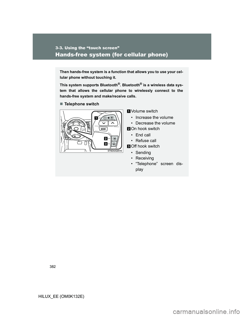 TOYOTA HILUX 2012  Owners Manual (in English) 382
3-3. Using the “touch screen”
HILUX_EE (OM0K132E)
Hands-free system (for cellular phone)
Then hands-free system is a function that allows you to use your cel-
lular phone without touching it.

