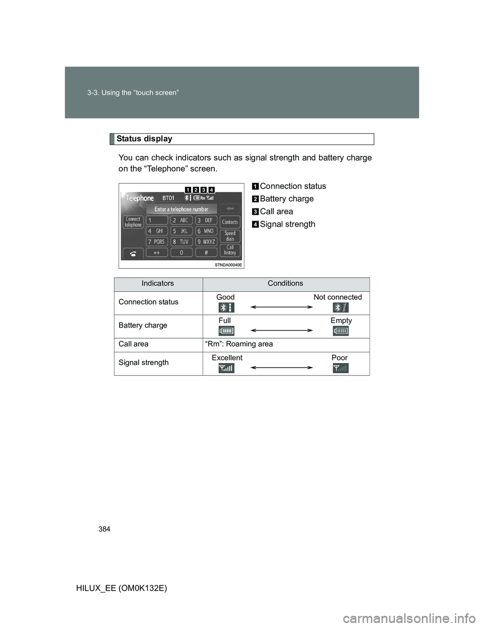 TOYOTA HILUX 2012  Owners Manual (in English) 384 3-3. Using the “touch screen”
HILUX_EE (OM0K132E)
Status display
You can check indicators such as signal strength and battery charge
on the “Telephone” screen.
Connection status
Battery ch
