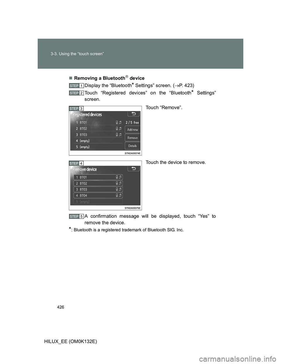 TOYOTA HILUX 2012  Owners Manual (in English) 426 3-3. Using the “touch screen”
HILUX_EE (OM0K132E)Removing a Bluetooth
 device
Display the “Bluetooth
* Settings” screen. (P. 423)
Touch “Registered devices” on the “Bluetoot