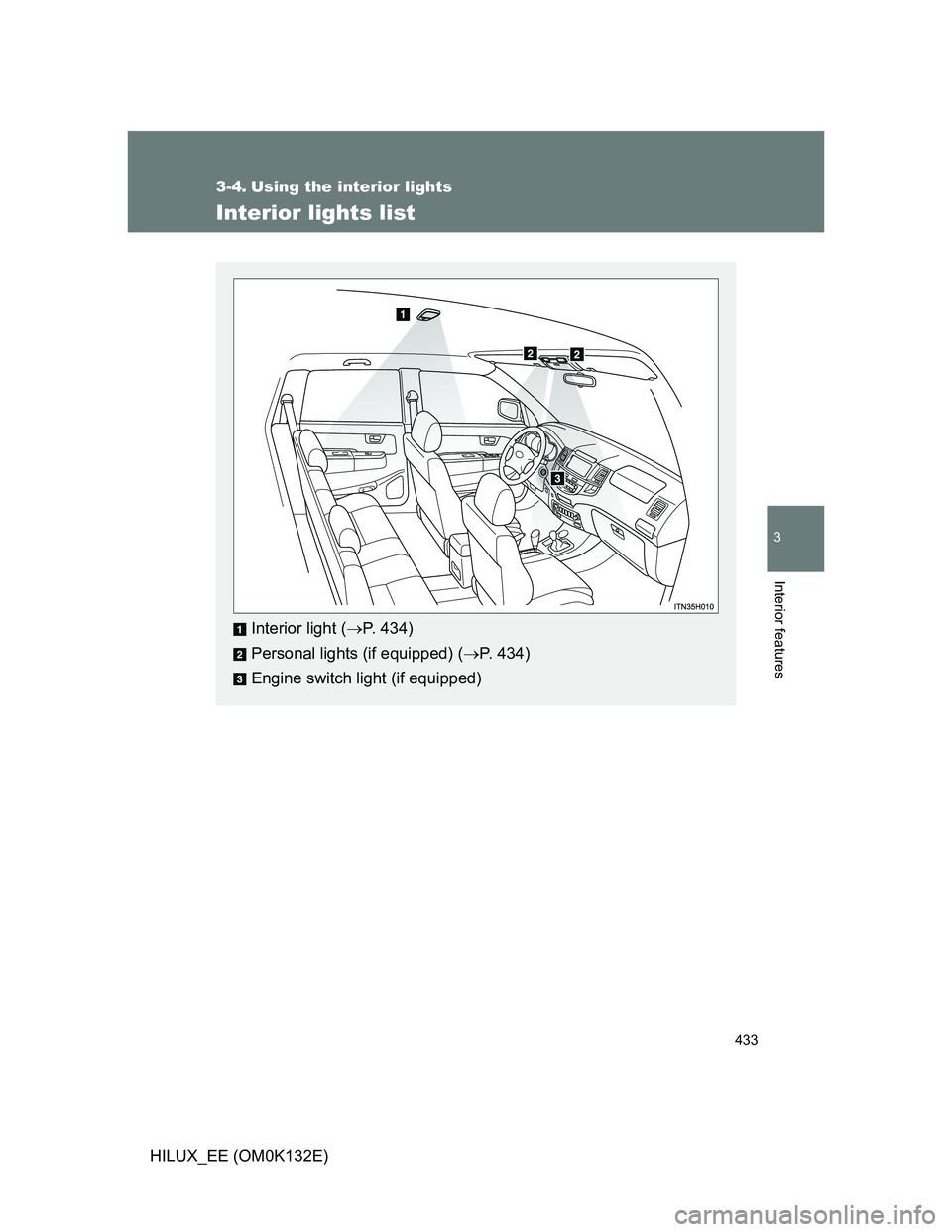TOYOTA HILUX 2012  Owners Manual (in English) 433
3
Interior features
HILUX_EE (OM0K132E)
3-4. Using the interior lights
Interior lights list
Interior light (P. 434)
Personal lights (if equipped) (P. 434)
Engine switch light (if equipped) 