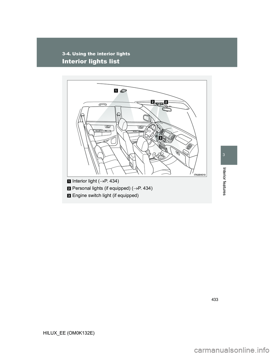 TOYOTA HILUX 2012  Owners Manual (in English) 433
3
Interior features
HILUX_EE (OM0K132E)
3-4. Using the interior lights
Interior lights list
Interior light (P. 434)
Personal lights (if equipped) (P. 434)
Engine switch light (if equipped) 