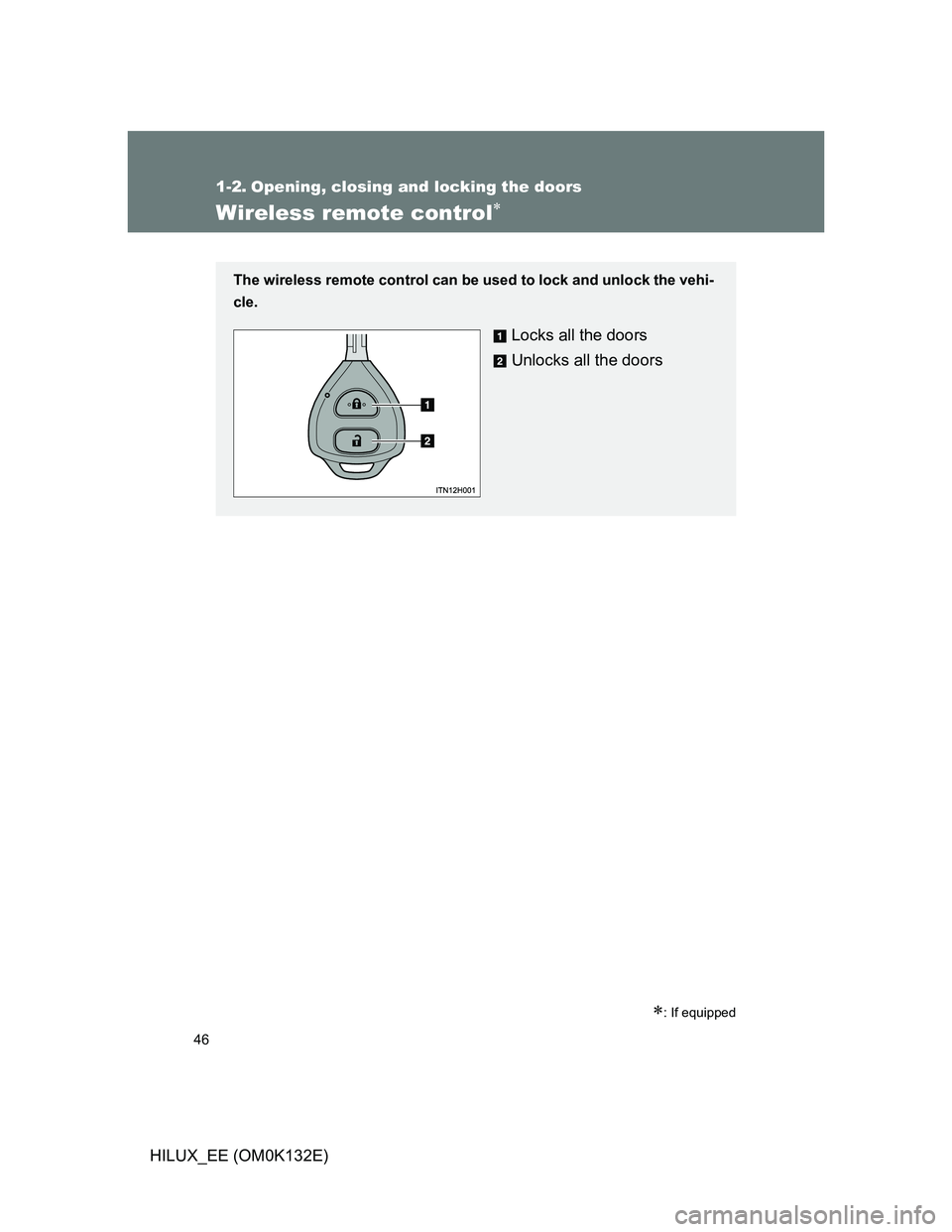 TOYOTA HILUX 2012   (in English) Service Manual 46
HILUX_EE (OM0K132E)
1-2. Opening, closing and locking the doors
Wireless remote control
: If equipped
The wireless remote control can be used to lock and unlock the vehi-
cle.
Locks all the d