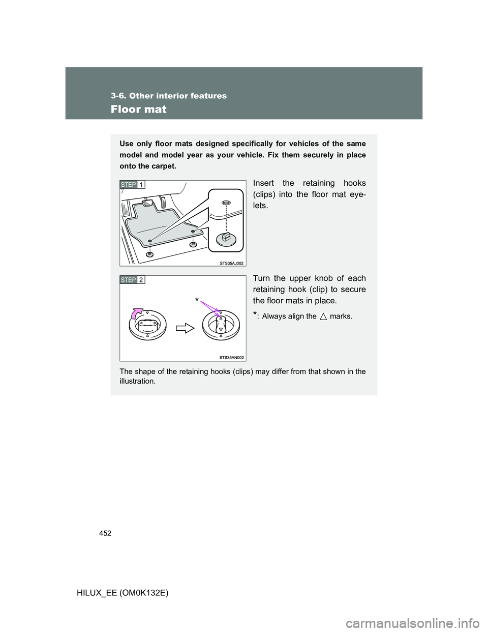 TOYOTA HILUX 2012  Owners Manual (in English) 452
3-6. Other interior features
HILUX_EE (OM0K132E)
Floor mat
Use only floor mats designed specifically for vehicles of the same
model and model year as your vehicle. Fix them securely in place
onto 