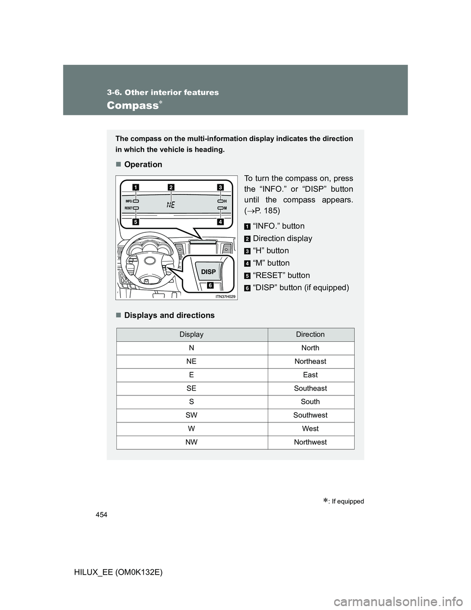 TOYOTA HILUX 2012  Owners Manual (in English) 454
3-6. Other interior features
HILUX_EE (OM0K132E)
Compass
: If equipped
The compass on the multi-information display indicates the direction
in which the vehicle is heading.
Operation
To t