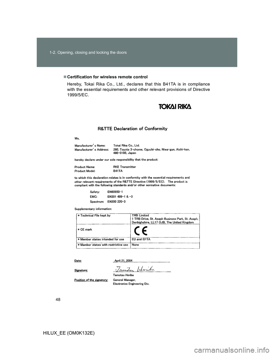 TOYOTA HILUX 2012   (in English) Service Manual 48 1-2. Opening, closing and locking the doors
HILUX_EE (OM0K132E)
Certification for wireless remote control
Hereby, Tokai Rika Co., Ltd., declares that this B41TA is in compliance
with the essenti