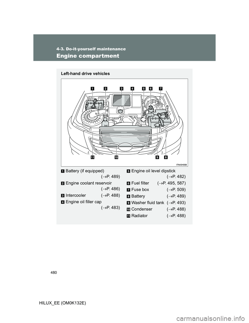 TOYOTA HILUX 2012  Owners Manual (in English) 480
4-3. Do-it-yourself maintenance
HILUX_EE (OM0K132E)
Engine compartment
Left-hand drive vehicles
Battery (if equipped) 
 (P. 489)
Engine coolant reservoir 
(P. 486)
Intercooler (P. 488)
En