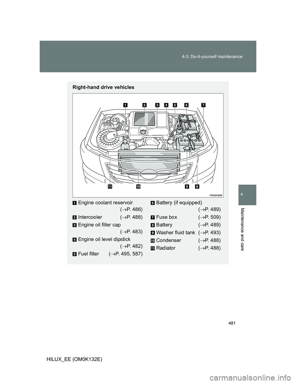 TOYOTA HILUX 2012  Owners Manual (in English) 481 4-3. Do-it-yourself maintenance
4
Maintenance and care
HILUX_EE (OM0K132E)
Right-hand drive vehicles
Engine coolant reservoir 
(P. 486)
Intercooler (P. 488)
Engine oil filler cap 
(P. 483