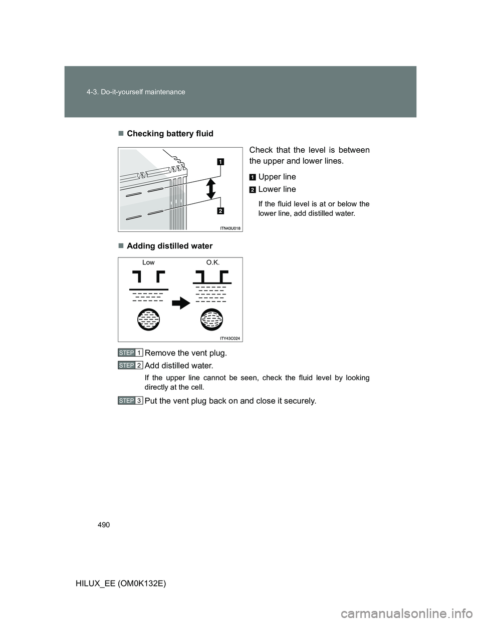TOYOTA HILUX 2012  Owners Manual (in English) 490 4-3. Do-it-yourself maintenance
HILUX_EE (OM0K132E)Checking battery fluid
Check that the level is between
the upper and lower lines. 
Upper line
Lower line
If the fluid level is at or below the