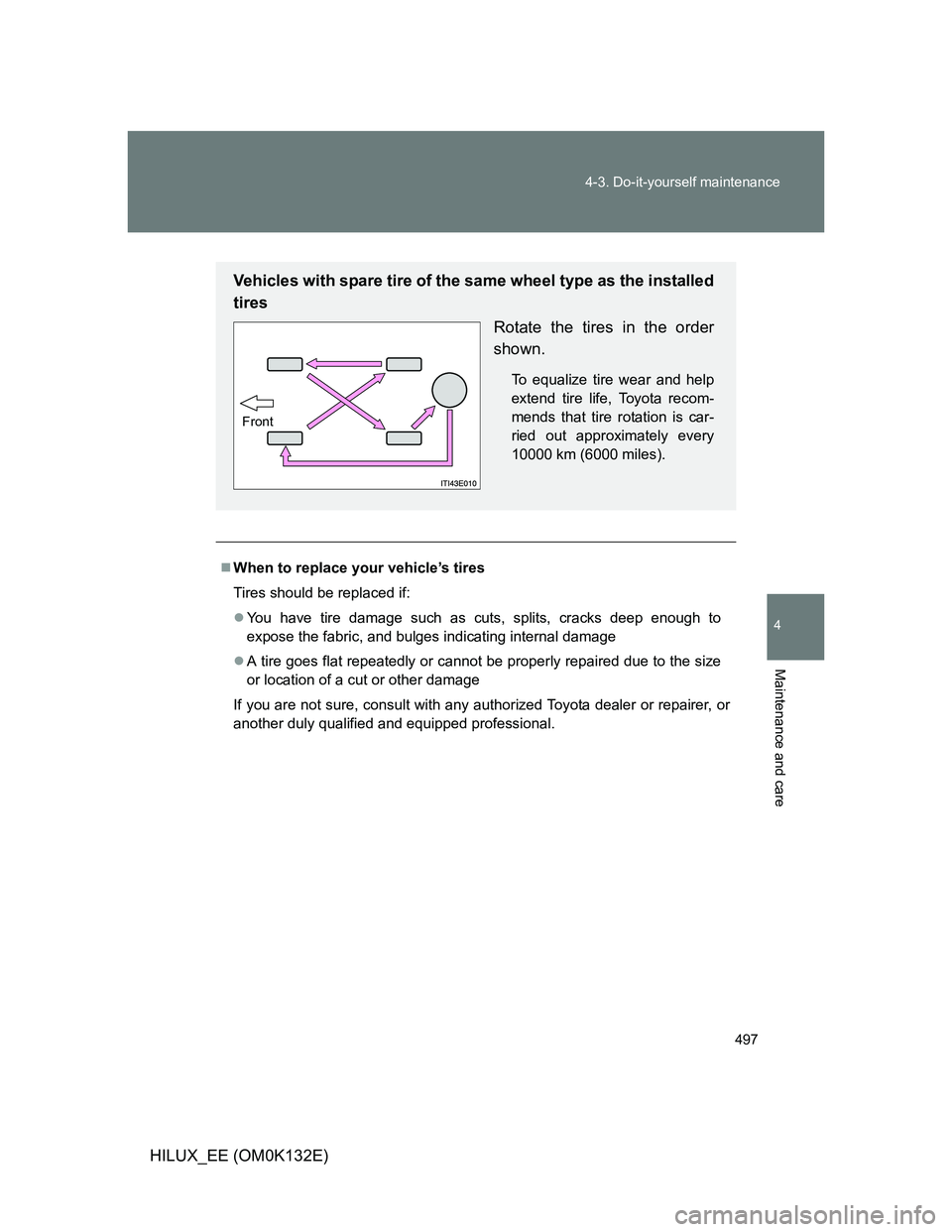 TOYOTA HILUX 2012 Owners Manual (in English) 497 4-3. Do-it-yourself maintenance
4
Maintenance and care
HILUX_EE (OM0K132E)
When to replace your vehicle’s tires
Tires should be replaced if:
You have tire damage such as cuts, splits, crac TOYOTA HILUX 2012 Owners Manual (in English) 497 4-3. Do-it-yourself maintenance
4
Maintenance and care
HILUX_EE (OM0K132E)
When to replace your vehicle’s tires
Tires should be replaced if:
You have tire damage such as cuts, splits, crac
