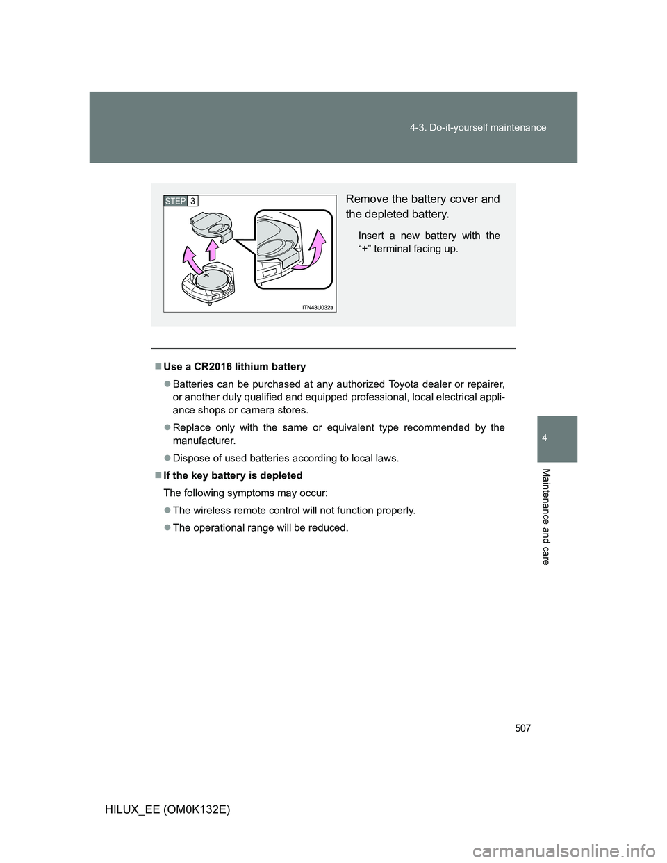 TOYOTA HILUX 2012  Owners Manual (in English) 507 4-3. Do-it-yourself maintenance
4
Maintenance and care
HILUX_EE (OM0K132E)
Use a CR2016 lithium battery
Batteries can be purchased at any authorized Toyota dealer or repairer,
or another dul